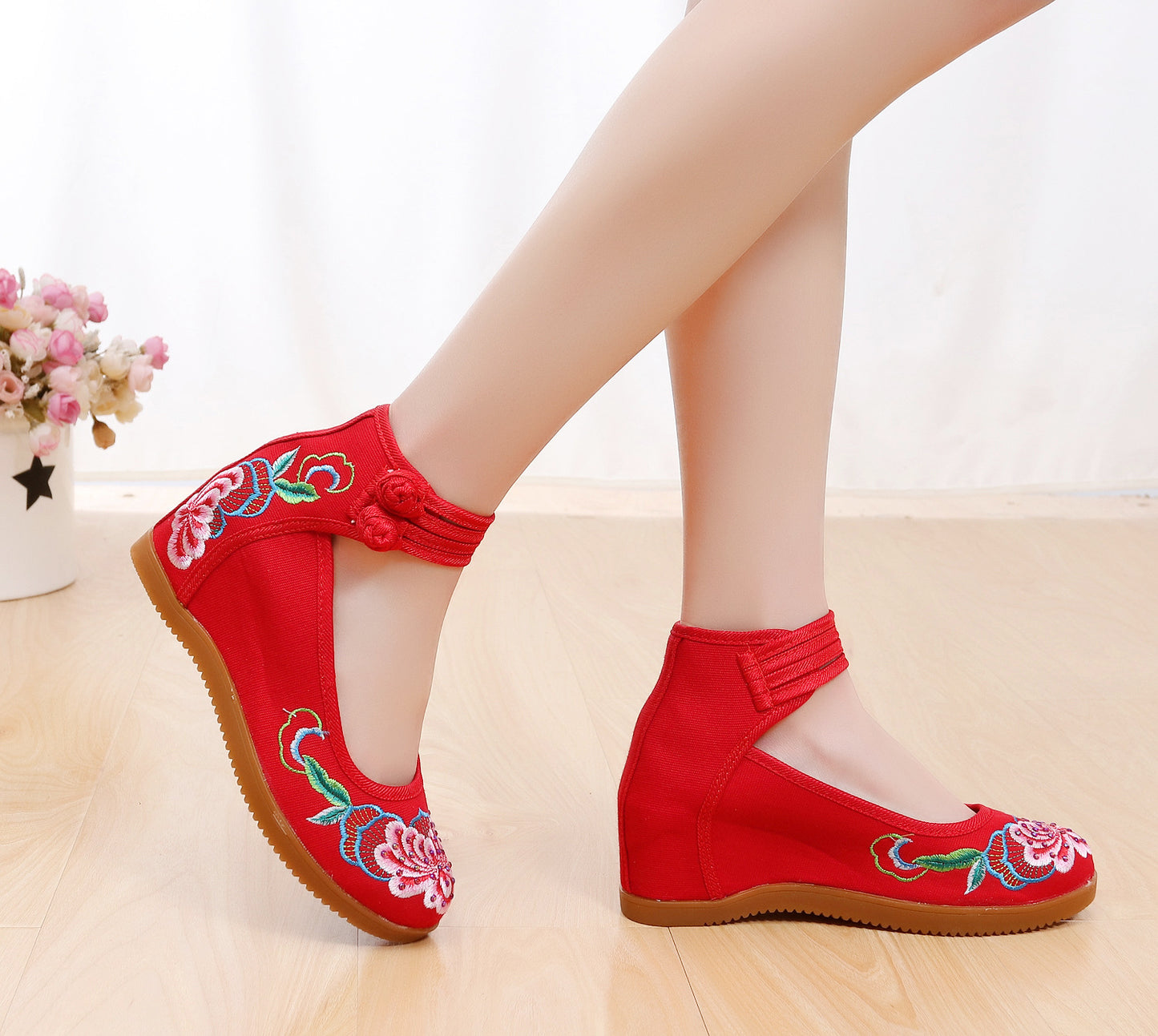 Women's Rhinestone Ethnic Style Double Buckle Canvas High Heels