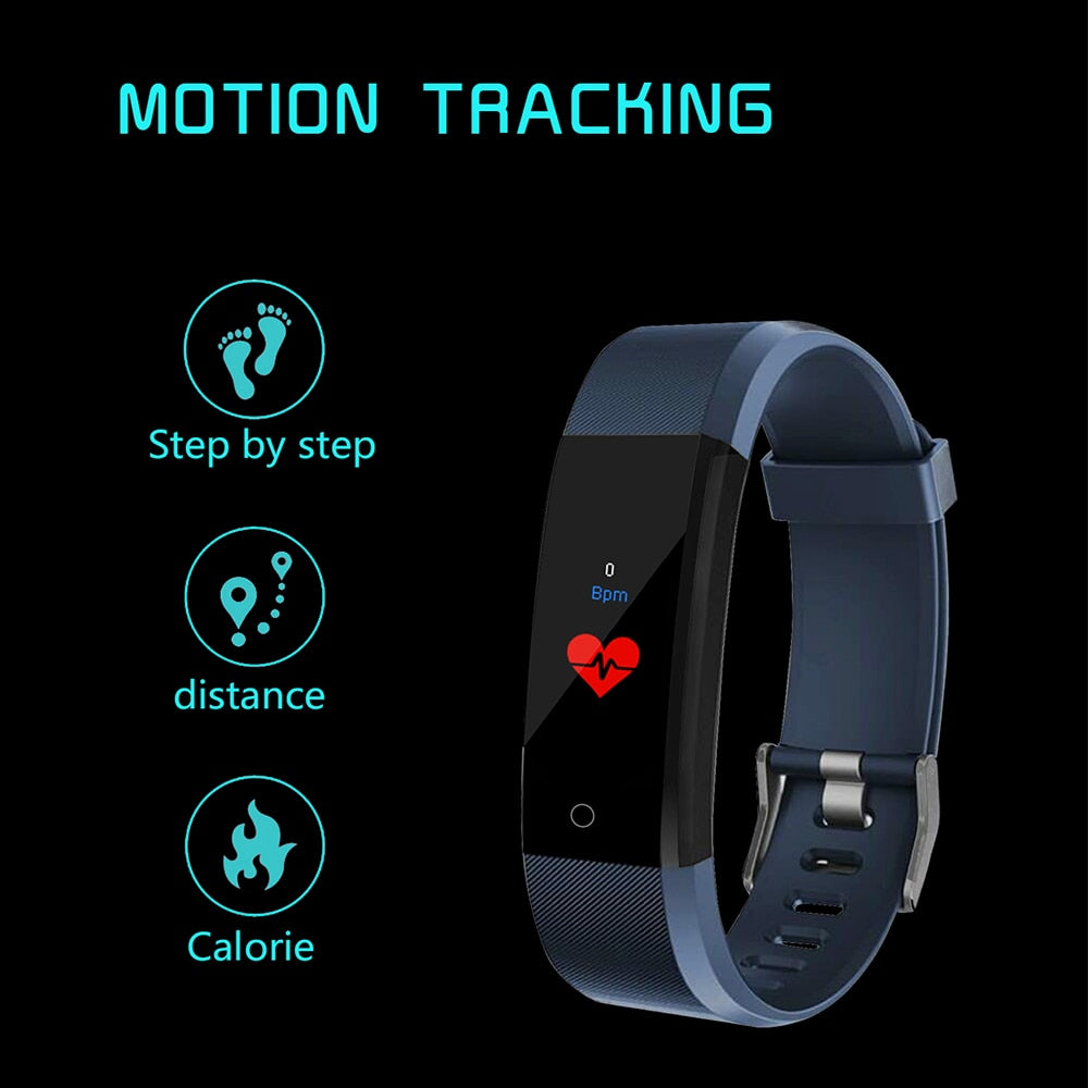 a blue activity watch with instructions on the screen