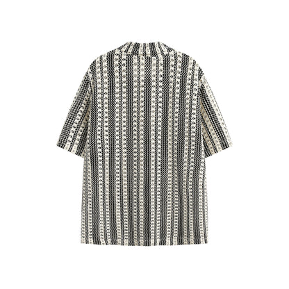 Summer Beige Black Colorblock Turnover Neck Shirt
