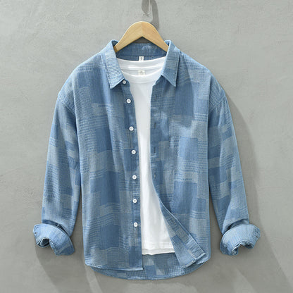 Jacquard Color Block Denim Long Sleeve Shirt