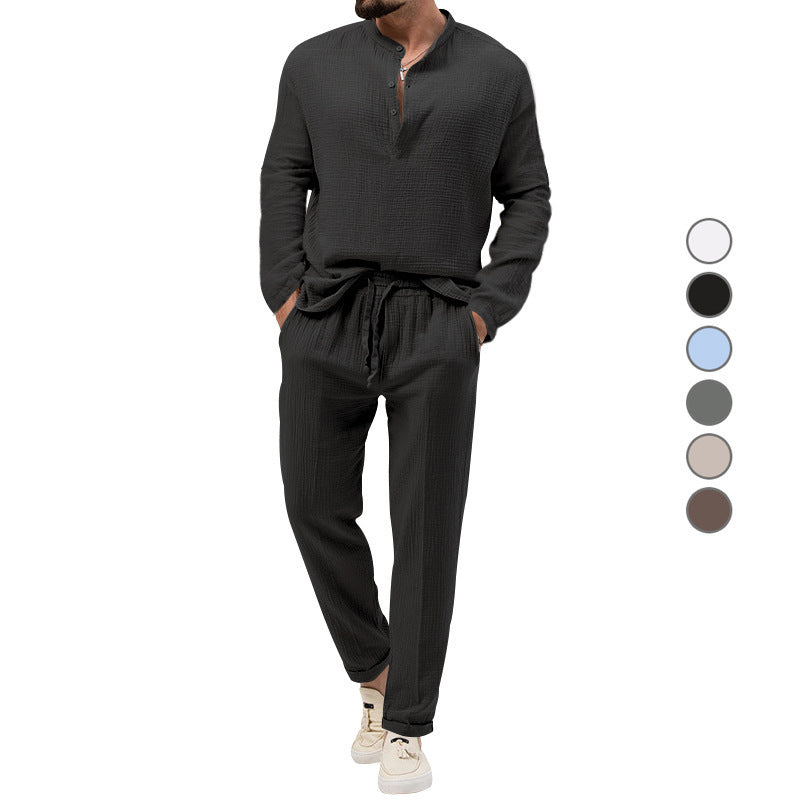Solid Color Casual T-shirt Long Sleeve Shirt Trousers Set