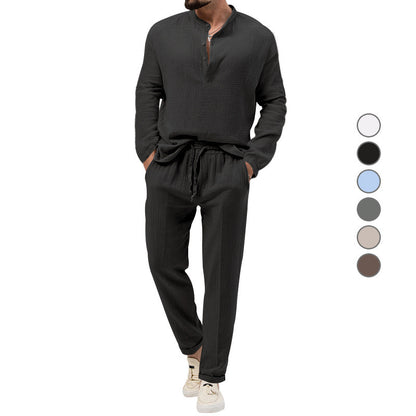 Solid Color Casual T-shirt Long Sleeve Shirt Trousers Set