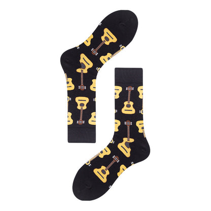 Men's Mid-calf Colorful Guitar Cat Face Cotton Socks