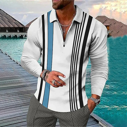 Men's Long Sleeve Color Block Zipper Polo Shirt