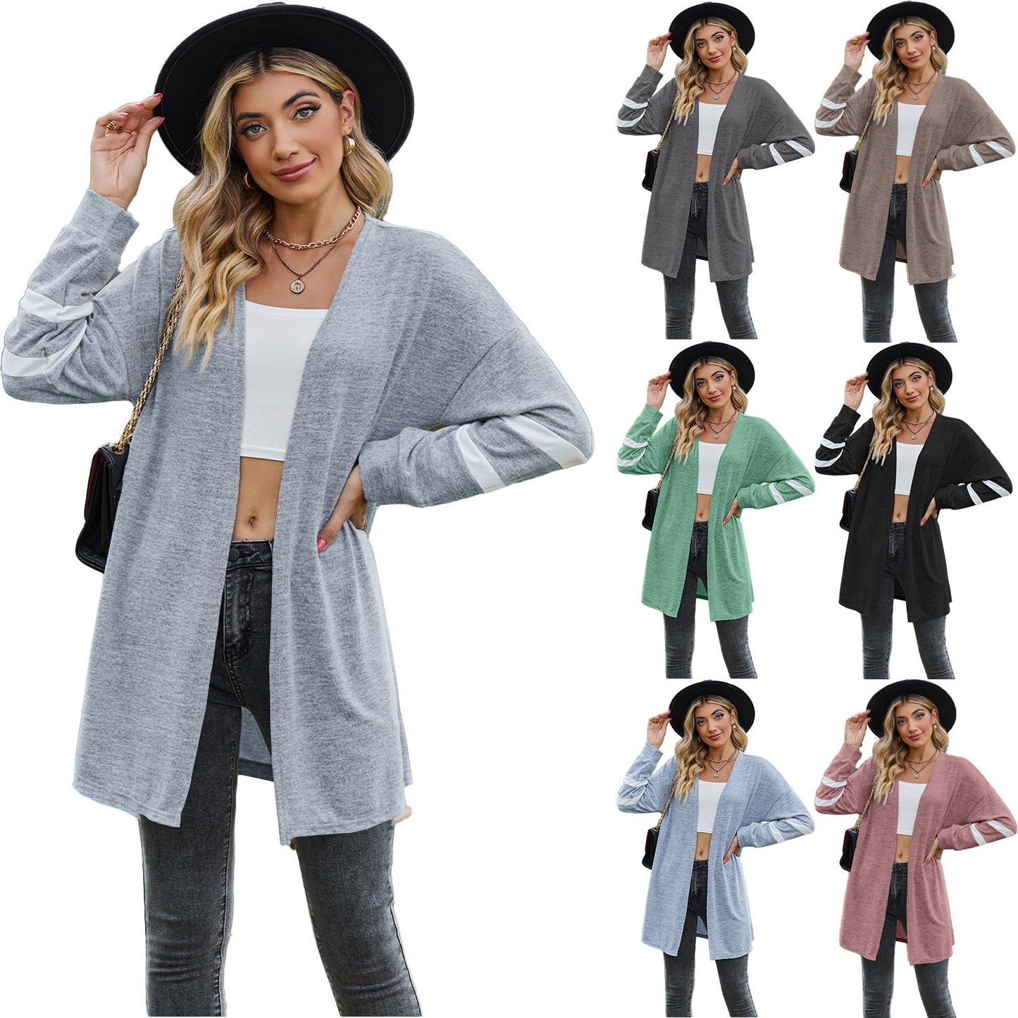 Women's Long-sleeved Stitching Contrast Color Knitted Cardigan