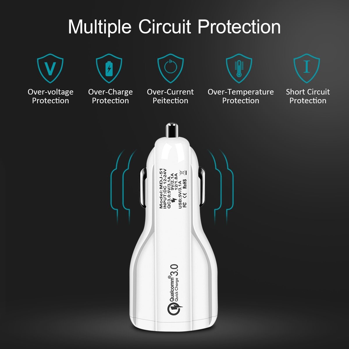 شاحن سيارة ثنائي USB بخاصية الشحن السريع 3.0