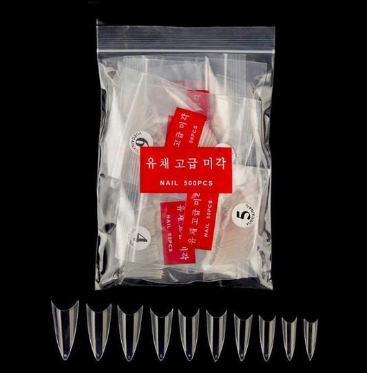 500-Piece Manicure Fake Nail Tips - Natural & Transparent, Pointed Korean Standard