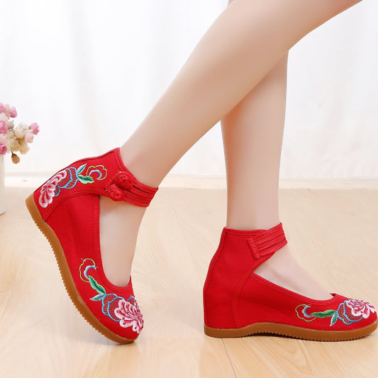 Women's Rhinestone Ethnic Style Double Buckle Canvas High Heels