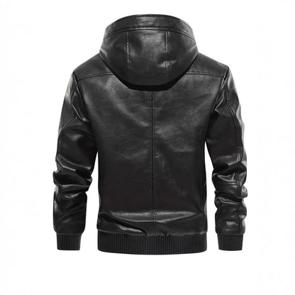 Winter Fleece-lined Men's Casual All-matching Hooded Leather Coat Coat