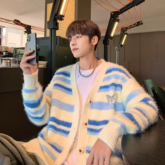 Autumn And Winter Striped Cardigan Sweater Coat For Men