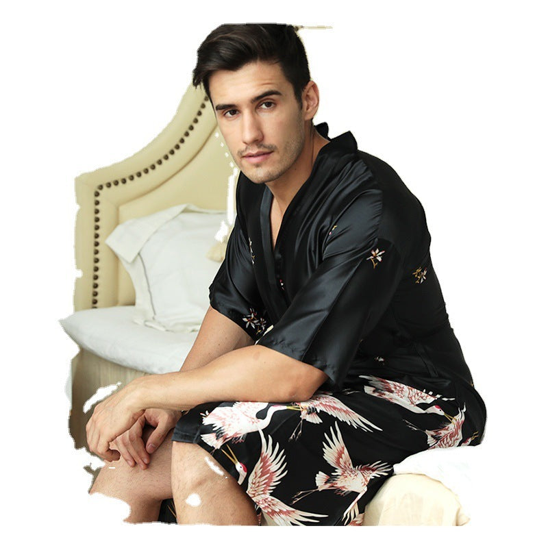 Printed Silk Nightgown Men's Groom Morning Gown Pajamas