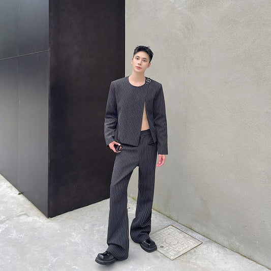 Bootcut Casual Autumn Striped O-neck Short Suit
