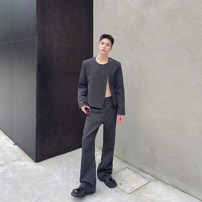 Bootcut Casual Autumn Striped O-neck Short Suit