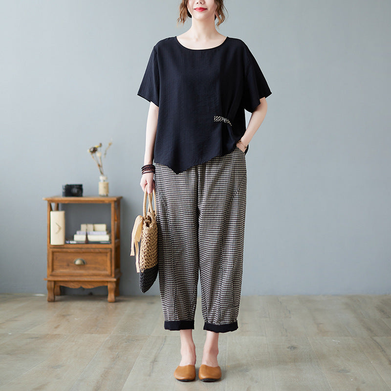 New Chinese Style Buckle Irregular Top Two-piece Set For Women