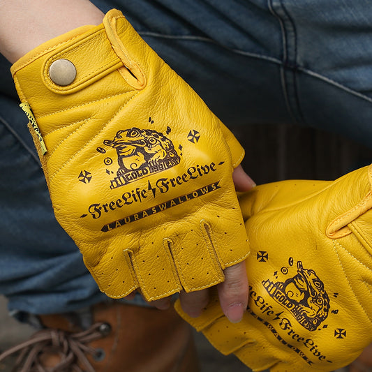 Yellow Cowhide Half Finger Motorcycle Gloves