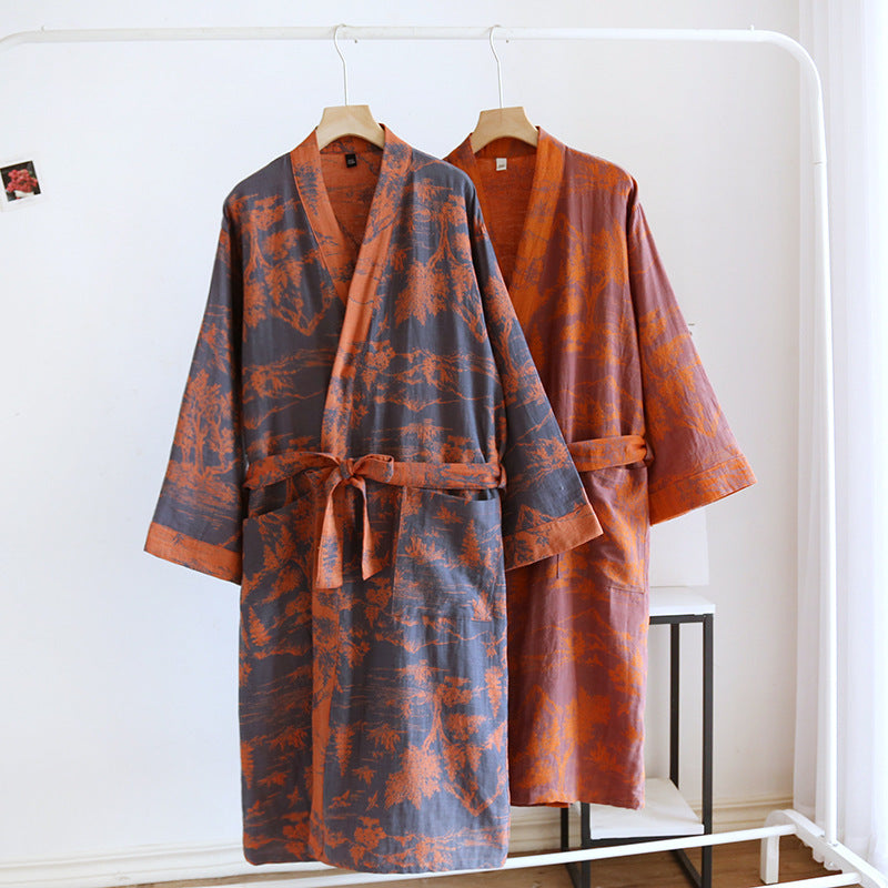 Couple Cotton Loose Lace Bathrobe Jacquard Pajamas