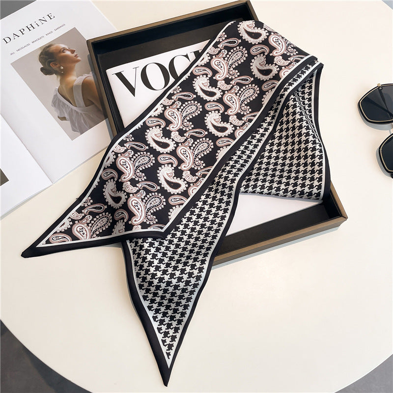 Thin Houndstooth Silk Scarf - Hair Tie