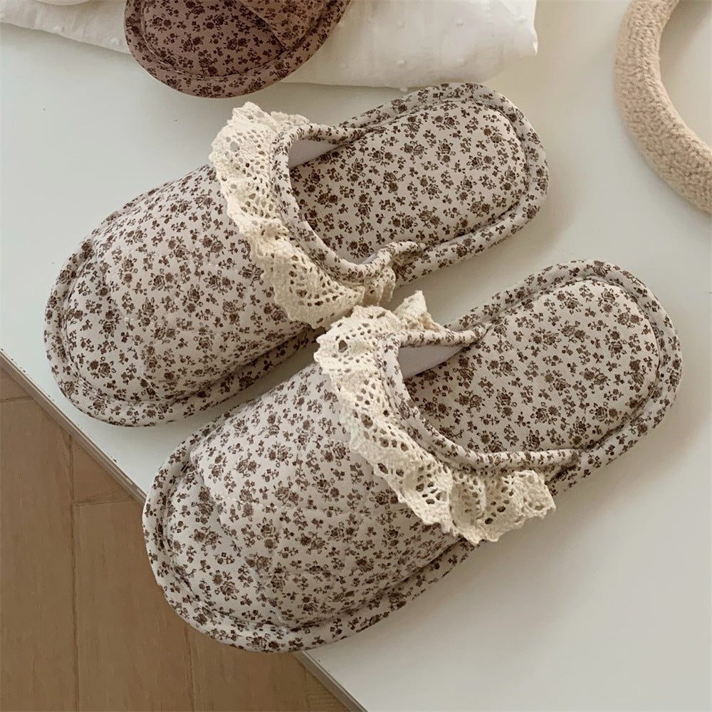 Home Style Vintage Floral One Word Four Seasons Universal Cotton Slippers Female