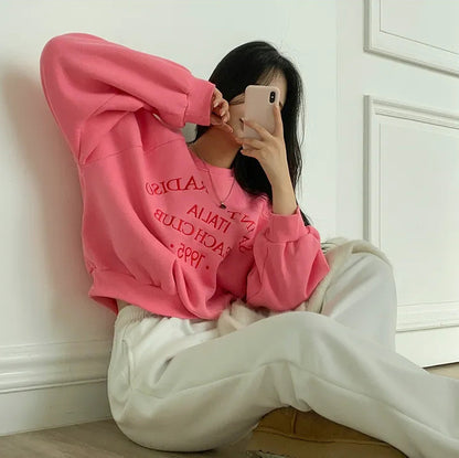 Light Letters Embroidery Velvet Thick Round Neck Sweater For Women