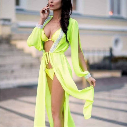 Long sleeve lace split perspective lace up blouse for women