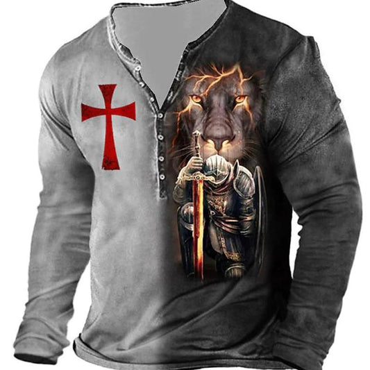 Open Placket Button Digital Print Long Sleeve T-shirt