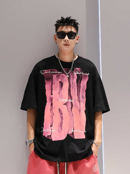 3D Large Letter Print Short Sleeve Cotton T-shirt