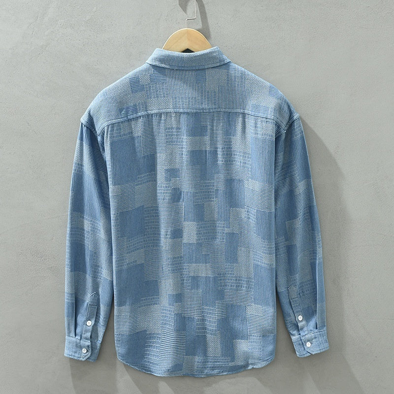 Jacquard Color Block Denim Long Sleeve Shirt