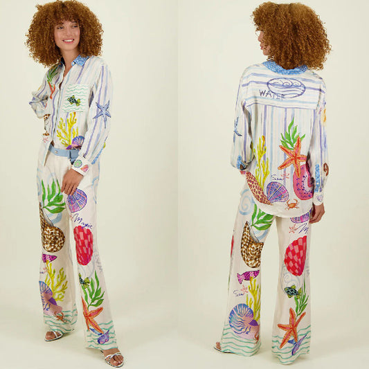 Satin Printed Graffiti Casual Shirt and Trousers Set