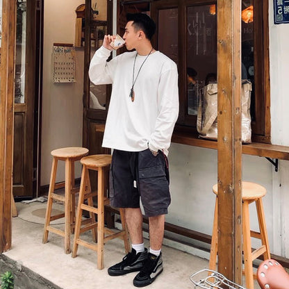Japanese Red Rope Solid Color Long Sleeve T-shirt Men