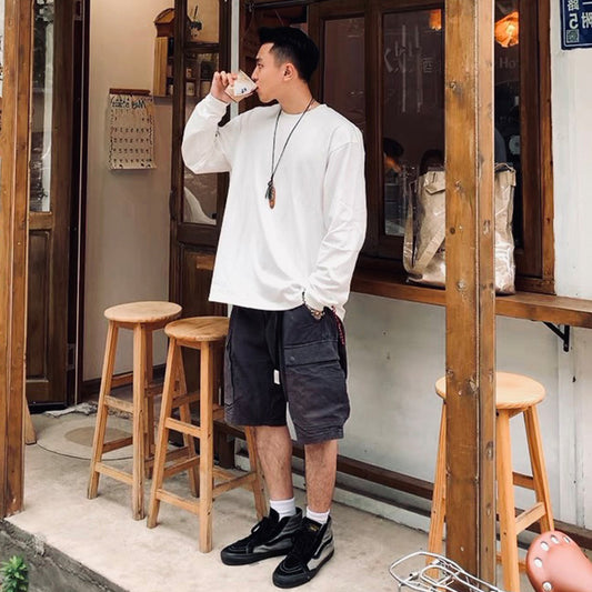 Japanese Red Rope Solid Color Long Sleeve T-shirt Men