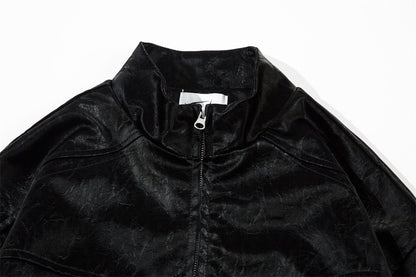 Men's Split Splicing Solid Color Loose Standing Collar Leather Jacket
