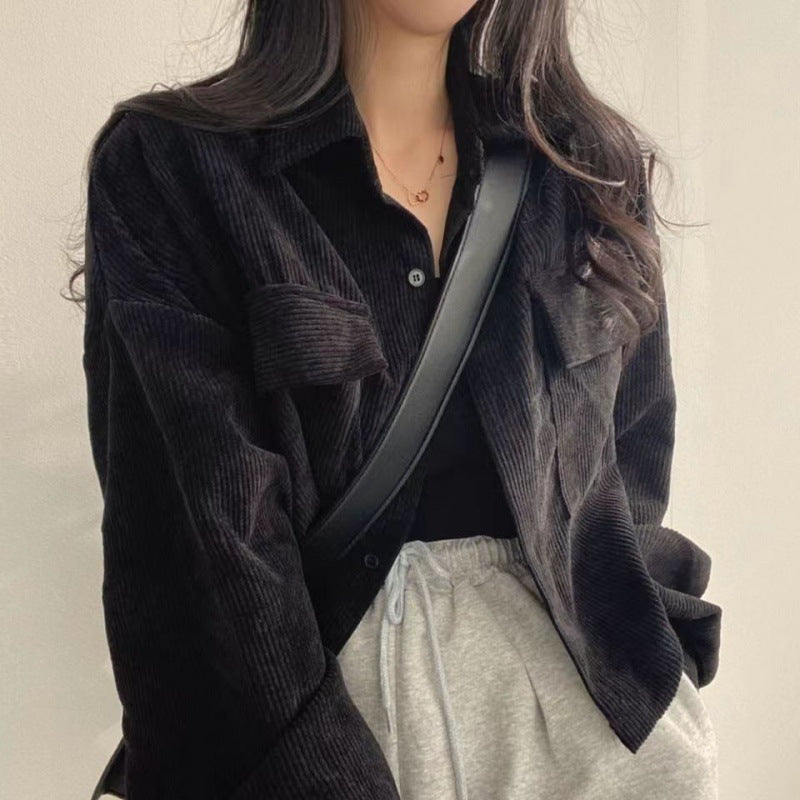 Loose All-match Single-breasted Lapel Short Corduroy Shirt