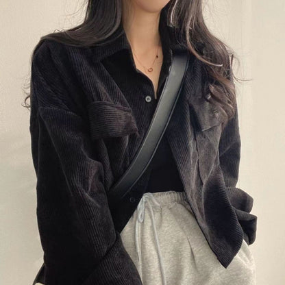 Loose All-match Single-breasted Lapel Short Corduroy Shirt