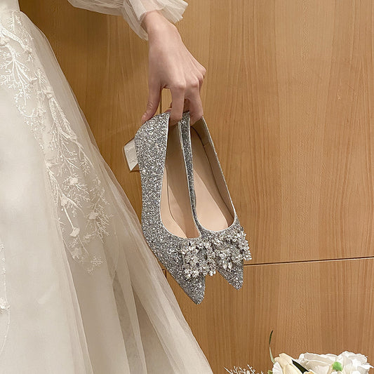 Silver French Style Mid Heel Ladies New Square Buckle Large Size Plus Sizes Pumps