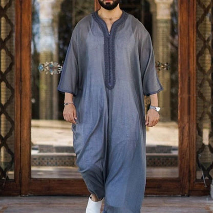 Thin Gray Linen Cotton Loose Muslim Robe