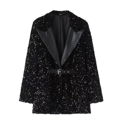 European And American Stitching Neckline Women's Casual Sequin Suit Women's Jacket