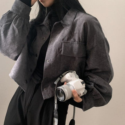 Loose All-match Single-breasted Lapel Short Corduroy Shirt