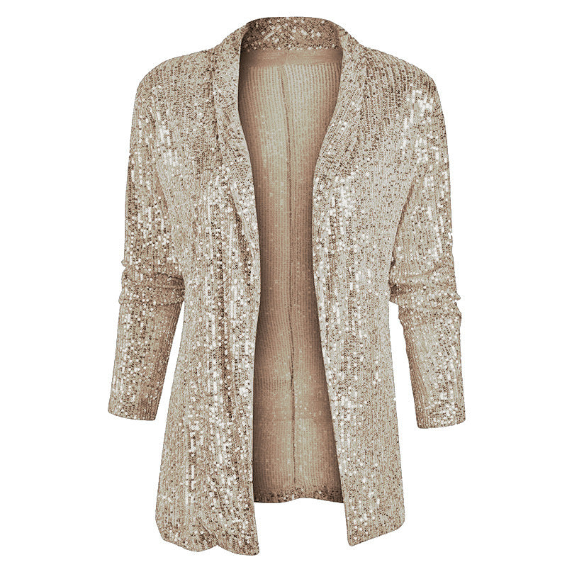 Women's Sequin Long Sleeve Temperament Mid-length Polo Collar Solid Color Coat