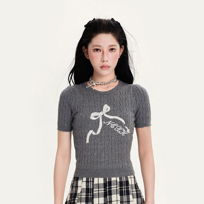 Bow Embroidered Hollow-Out Short Sweater