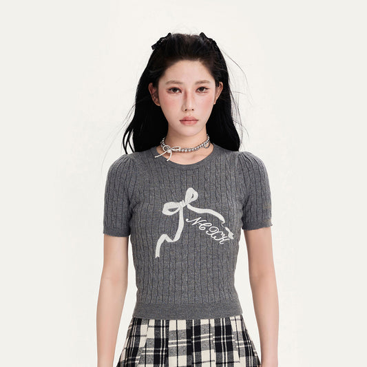 Bow Embroidered Hollow-Out Short Sweater