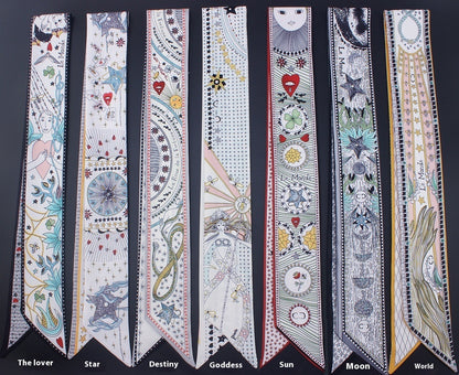 Tarot Series Duplex Printing Twill Silk Scarves with Tied Bag Handles