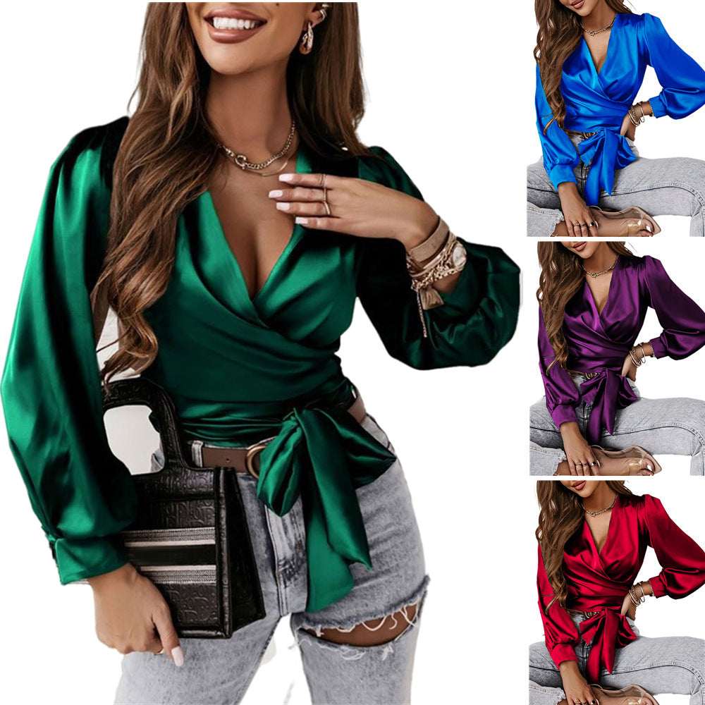 Women's Satin Silk-like Long Sleeve Cross Lace-up Shirt
