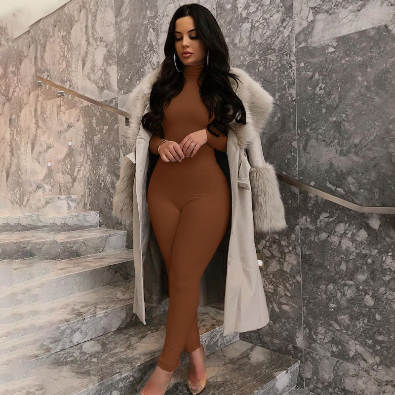Solid Color Fleece-Lined Long Sleeve Yoga Jumpsuit for Autumn and Winter