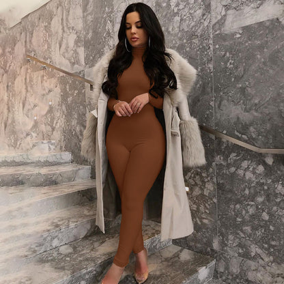 Solid Color Fleece-Lined Long Sleeve Yoga Jumpsuit for Autumn and Winter