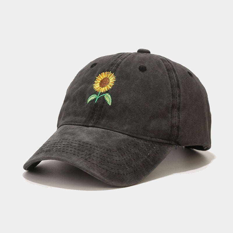 Washed-out Vintage SUNFLOWER Embroidered Peaked Cap Outdoor Travel