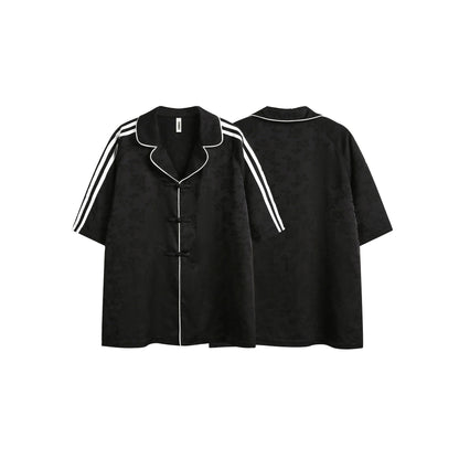 Striped Black Short Sleeve Turn-down Collar Shirt