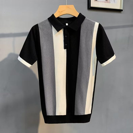 Short Sleeve Men's Vintage Stripe Zipper Shirt