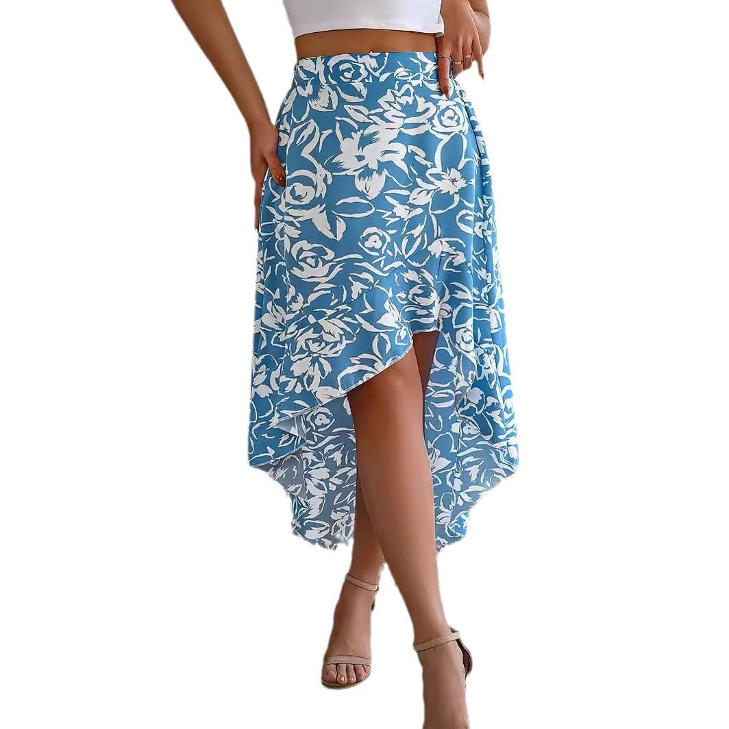 Summer Flower Ruffled Mid-length Irregular Skirt