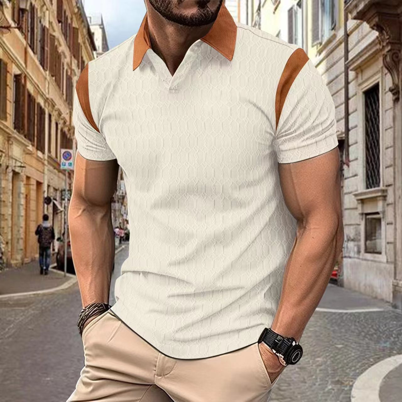 Men's Waffle Jacquard Solid Color Polo Shirt