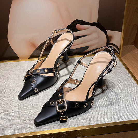 Mid Heel Toe Box Sandals Belt Buckle Cross Strap Stiletto Women